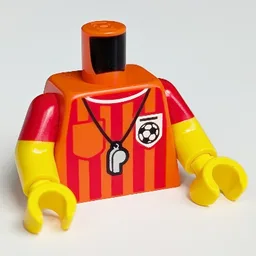 Torso, Dual Molded Arms, Referee Shirt, Vertical Red Stripes, Whistle, Soccer Ball Print, Red Sleeves Pattern, Yellow Arms and Hands / Reddish Orange