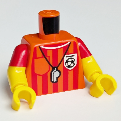 Lego Torso, Dual Molded Arms with Referee Shirt, Vertical Red Stripes, Whistle, Soccer Ball Print, Red Sleeves Pattern, Yellow Arms and Hands
