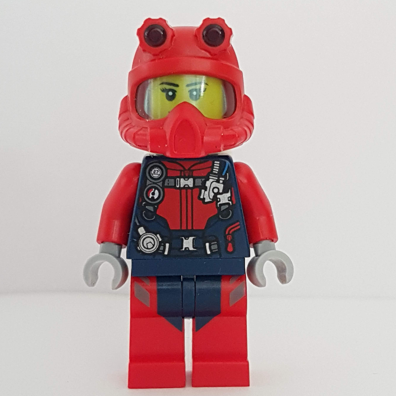 Lego Diver, Woman, Red and Dark Blue Wetsuit with Straps and Gauges, Red Diving Helmet, Airtanks