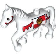 Lego Duplo Animal Horse with one Stud and Raised Hoof with Red Bridle & Lion on Shield Print / White