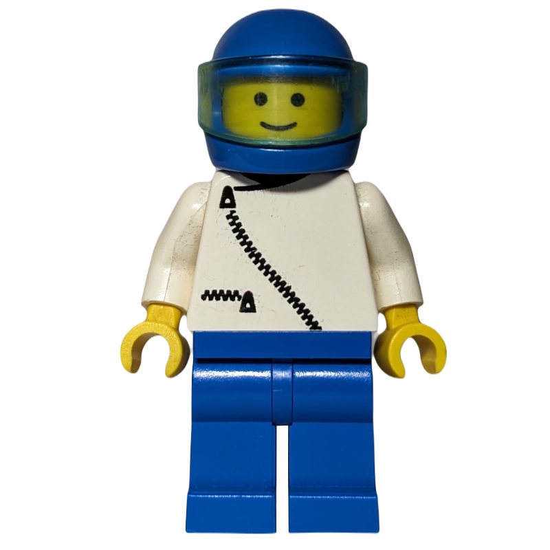 Lego Man, White Jacket with Zipper, Blue Legs, Blue Helmet with Visor