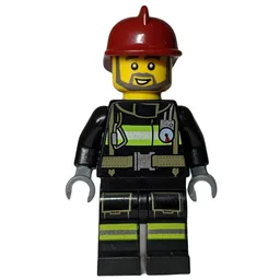 Fireman, Black Fire Suit with Gauge and Straps, Dark Red Helmet, Beard