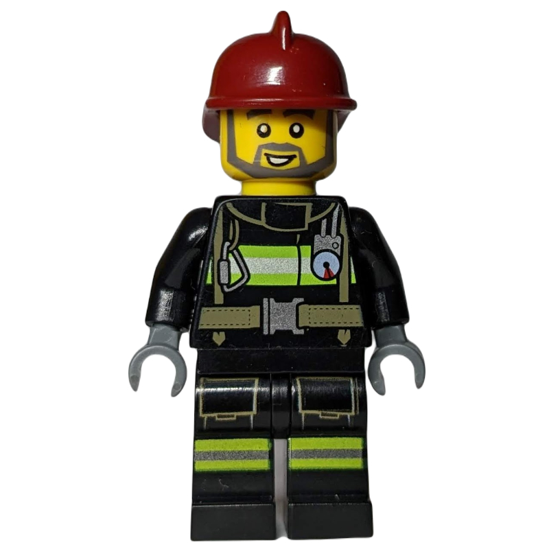 Lego Fireman, Black Fire Suit with Gauge and Straps, Dark Red Helmet, Beard
