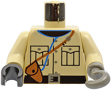 Lego Torso Shirt with Pockets, Dark Gray Buttons, and Black Collar, Belt with Buckle, Brown Strap with Pouch, Blue Cord Pattern / Tan Arms / Black Hand Right / Dark Gray Hook Left