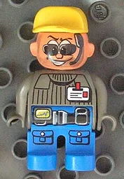 Duplo Figure, Male Action Wheeler, Blue Legs, Dark Gray Top with ID Badge with Belt, Yellow Cap, Sunglasses (4141907)