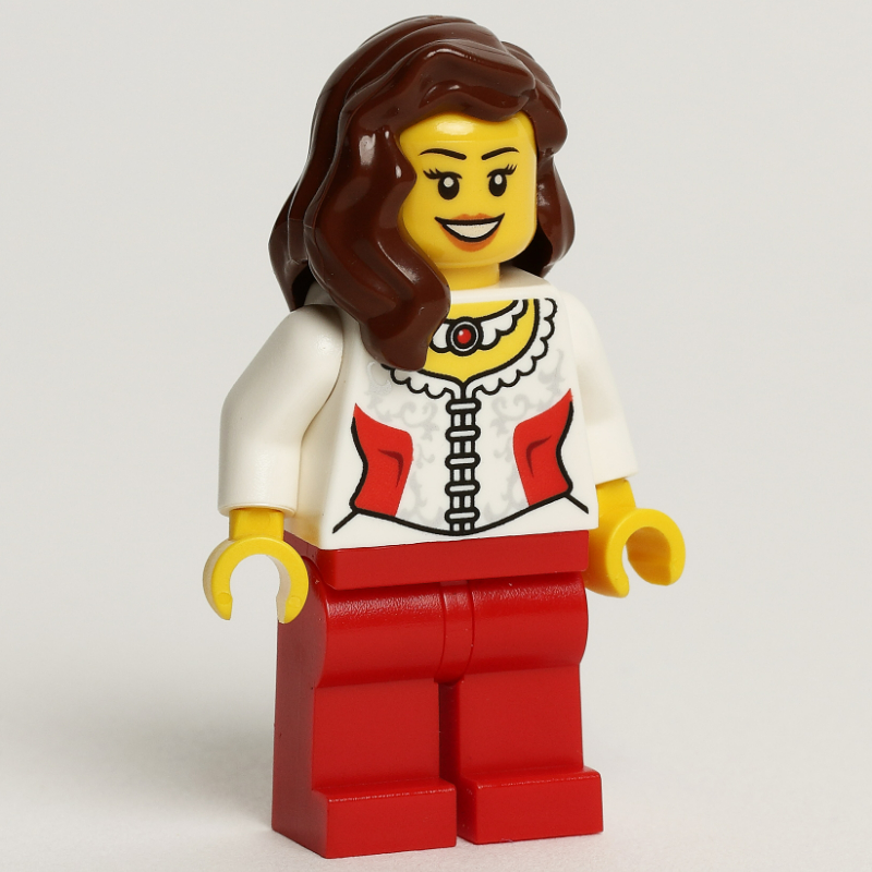 Lego Woman, White Corset with Red Sides, Necklace, Red Legs