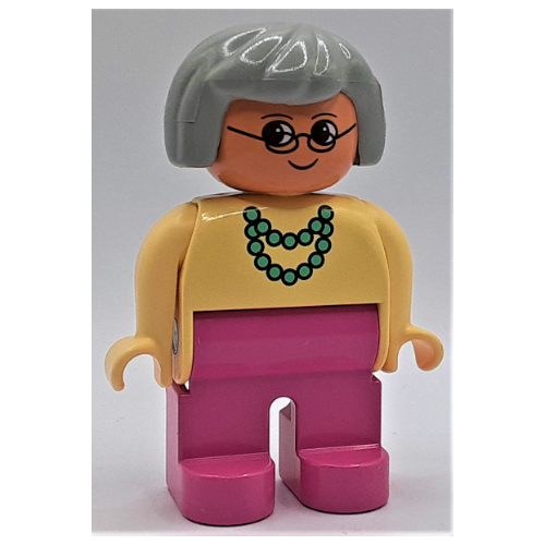 Lego Duplo Figure, Early, Hair Bob Light Gray, Dark Pink Legs, Light Green Necklace, Glasses Print / Light Yellow