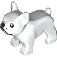 Lego Animal, Dog, French Bulldog, Grumpy Face with Black Nose and Pink Tongue Print / White