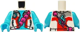 Torso Open Jacket with Pockets and Zippers, Silver and Red Panels, Medium Azure Chest with Muscles Outline, Magenta Beaded Necklace, Dark Turquoise Number 6 on Front and Back Pattern / Medium Azure Arms / Medium Azure Hands