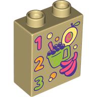 Lego Duplo Brick 1 x 2 x 2 with '1 2 3', Fruit, Drink print / Tan