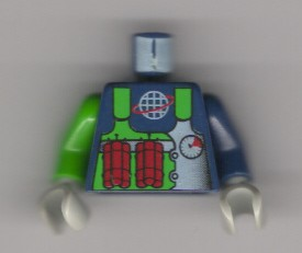Lego Torso Alpha Team Logo Green Vest, Dynamite Pattern / Dark Blue Arm Left / Green Arm Right / Light Gray Hands
