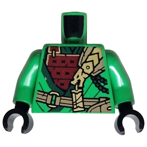 Lego Torso, Ninja Robes, Dark Green Trim, Dark Red Plated Armor, Dark Tan Strap, Gold Dragon print, Bright Green Arms, Black Hands / Bright Green