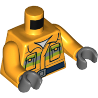 Lego Torso Fire Jacket, Green/Dark Bluish Gray Stripes, Pockets, Dark Blue Belt, Buckle, White Shirt Print, Bright Light Orange Arms, Dark Bluish Gray Hands / Bright Light Orange
