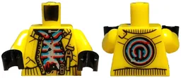Torso Vest with Black Trim, Gold Buckle and Buttons over Dark Turquoise, Red and Silver Muscle Pattern / Neon Yellow Arms / Black Hands