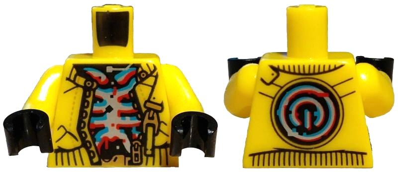 Lego Torso Vest with Black Trim, Gold Buckle and Buttons over Dark Turquoise, Red and Silver Muscle Pattern / Neon Yellow Arms / Black Hands