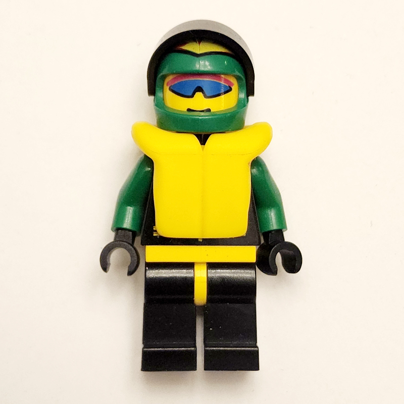 Lego Racer, Extreme Team, Black Jacket, Black Legs, Green Helmet with Visor, Yellow Life Vest, Blue Sunglasses