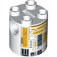 Lego Brick Round 2 x 2 x 2 Robot Body, Axle Holder '+' Orientation with Bright Light Orange Astromech Droid with Dark Tan Dirt Stains Print (R5-A2) / White