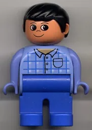 Duplo Figure, Male, Blue Legs, Blue Top Plaid with Pocket, Black Hair