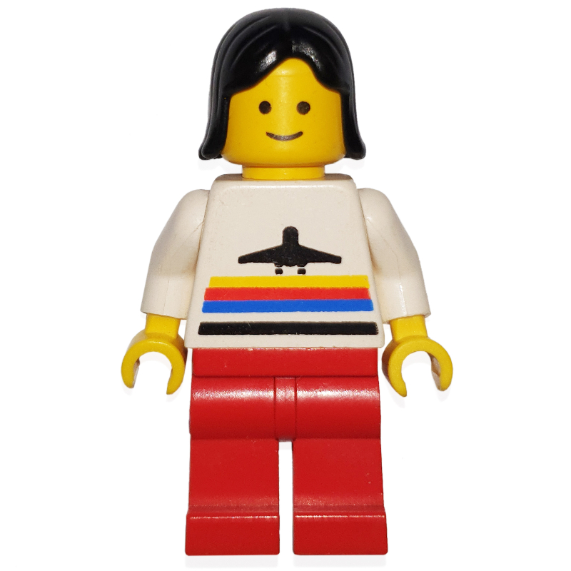 Lego Woman, White Shirt with Airplane, Red Legs, Black Hair