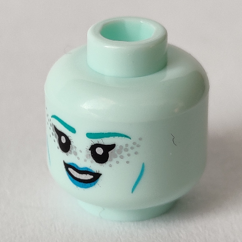 Lego Minifig Head Night Protector, Dark Turquoise Eyebrows, Medium Azure Lops, Silver Freckles, Open Mouth Smile / Closed Mouth Smirk print / Light Aqua