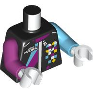 Lego Torso, Odd Arms, Racing Suit, White Zipper, 'F1 ACADEMY 32', Azure/Magenta Shapes print, Left Medium Azure Arm, Right Magenta Arm, White Hands / Black