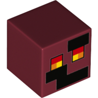 Lego Minifig Head Special, Cube with Pixelated Face, Red, Orange, Yellow Square Eyes, Black Squares Print / Dark Red