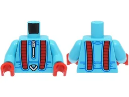 Torso Jumpsuit with Red Panels, Silver Zipper and Carabiner, Dark Azure Lines Pattern / Medium Azure Arms / Red Hands