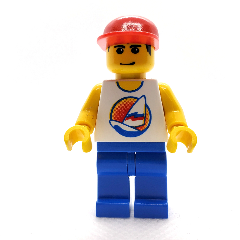 Lego Man, White Tank Top with Windsurfer, Blue Legs, Red Cap