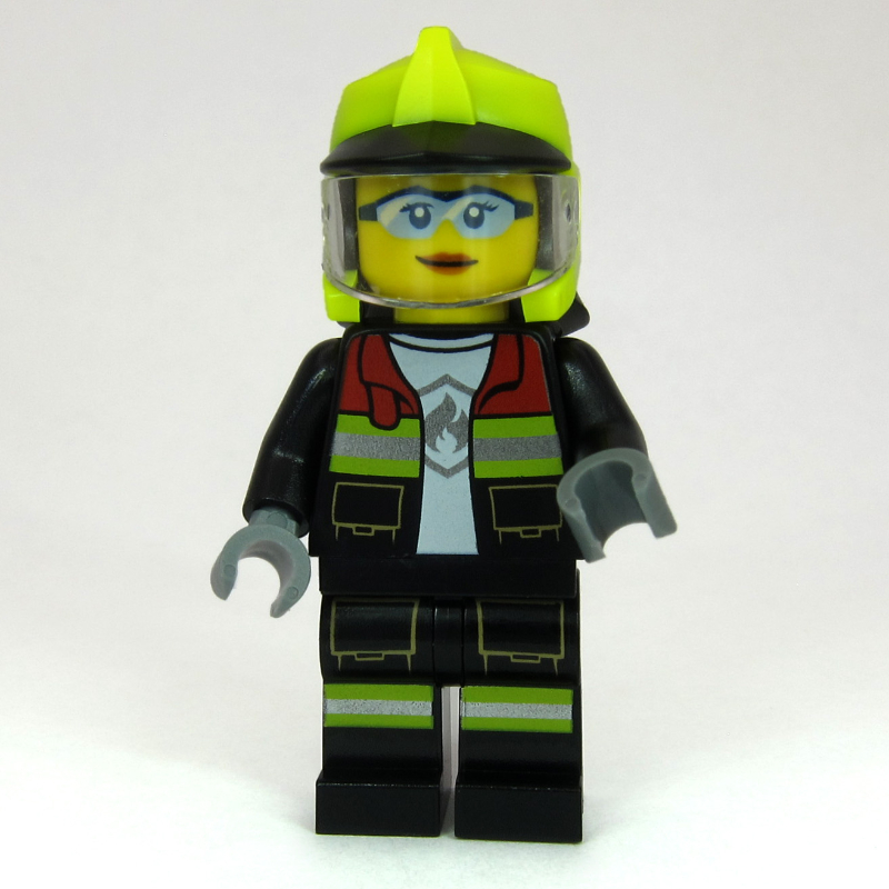 Lego Firefighter, Black Fire Suit, Vibrant Yellow Standard Helmet, Visor, Goggles