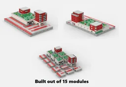 Modular Shop, two red buildings and parking