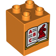 Lego Duplo Brick 2 x 2 x 2 with Book with A, B, C and Bunny / Rabbit Print / Orange