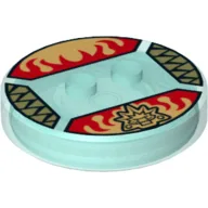 Function Brick Round 4 x 4 x 2/3 with 2 Studs and Gold Chima Croc Symbol and Red Fire Print / Trans-Light Blue