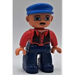 Duplo Figure with Cap Blue, Dark Blue Legs, Black Vest, Mustache Print / Red
