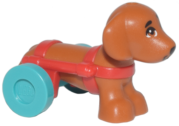 Lego Dog, Mini Doll Style, Dachshund with Red Wheelchair Harness with Dark Turquoise Wheels (Friends Pickle)