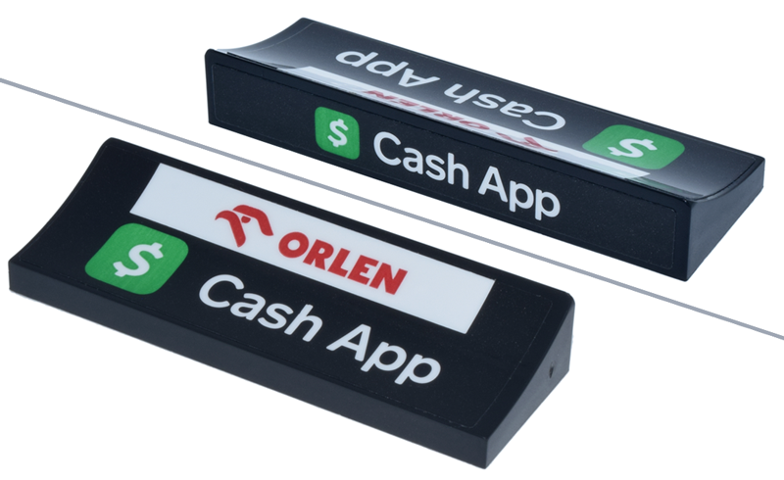 Lego Arch 6 x 2 x 5/6 Inverted with White 'Cash App' and Bright Green Square with Dollar Sign Logo, Red 'ORLEN' on Rectangle Pattern (Stickers) - Set 77246
