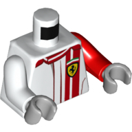 Lego Torso, Odd Arms, Racing Jacket with Ferrari Logo, Red Stripes Print, Left Red Arm, Right White Arm, Light Bluish Gray Hands / White