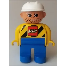 Duplo Figure, Early, Hard Hat White, Blue Legs, Stubble, with Black Stripes and LEGO Logo Print / Yellow