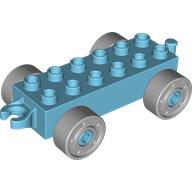 Lego Duplo Car Base 2 x 6 with Fake Bolts, Open Hitch End and Light Bluish Gray Wheels / Medium Azure