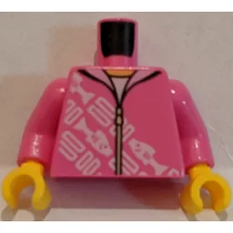 Torso Hoodie with Diagonal White Rectangles and Fish Print, Dark Pink Arms, Yellow Hands / Dark Pink