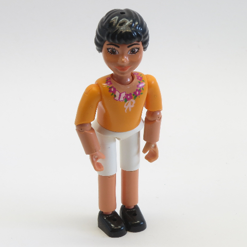 Lego Belville Figure Articulated Elbows, Child, Female, Black Hair, White Shorts, Orange Top with Floral Garland with Butterfly and Ribbon Print / [No Color/Any Color]