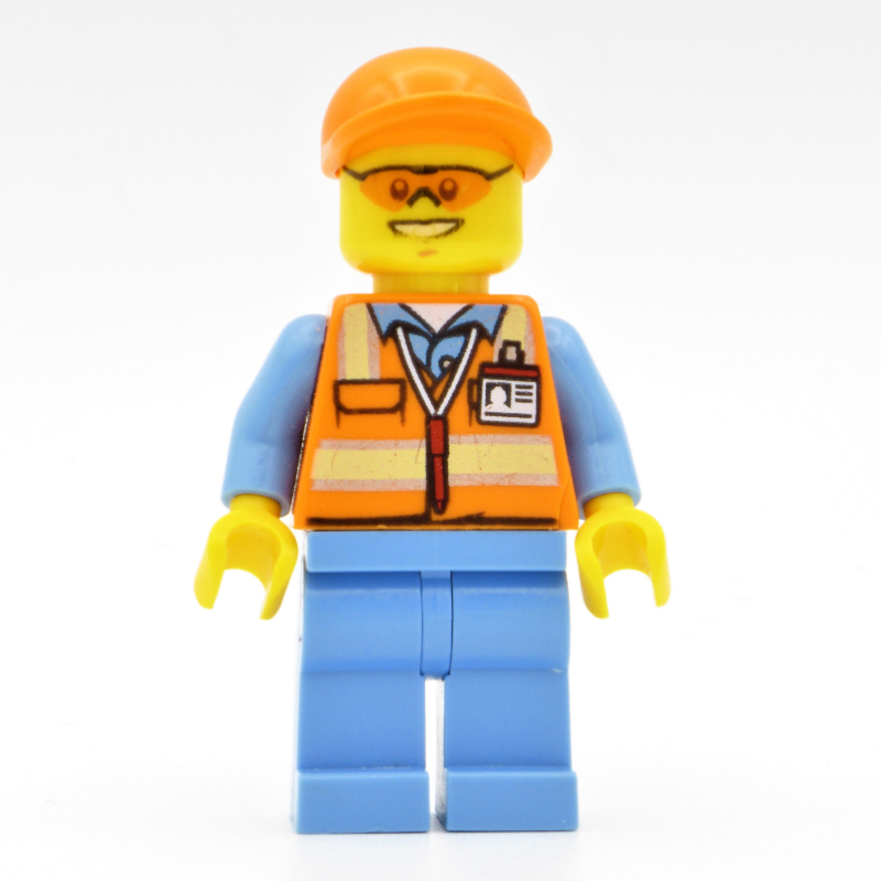 Lego Ground Crew, Orange Safety Vest, Medium Blue Legs, Orange Cap, Orange Safety Glasses