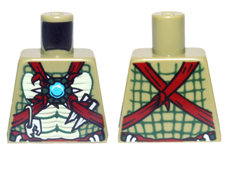Lego Torso Bare Chest with Muscles, Dark Red Straps, White Spikes and Dark Azure Round Jewel (Chi) Pattern