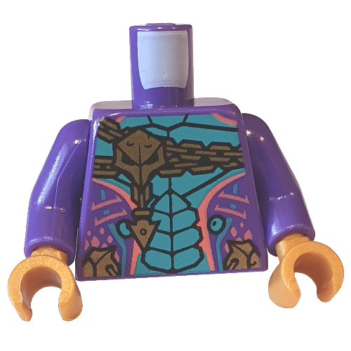 Lego Torso Armor, Gold Chain, Dark Turquoise Scales print, Dark Purple Arms, Pearl Gold Hands / Dark Purple