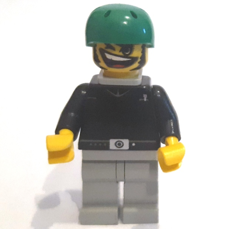 Lego Skateboarder Bill, Black, Green Helmet, Neck Bracket