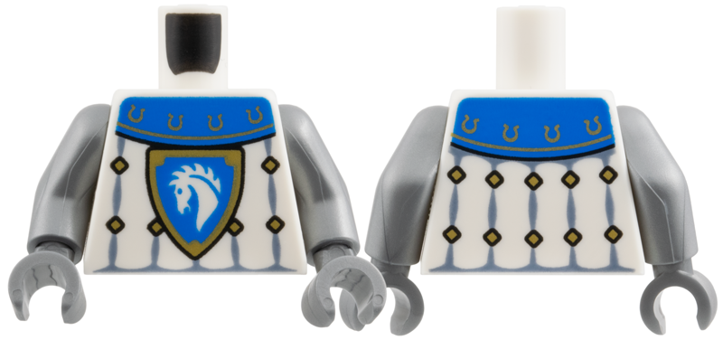 Lego Torso Castle Surcoat, Blue Collar with Gold Horseshoes, Sand Blue Trim with Diamonds, Horse Knight Shield Pattern / Flat Silver Arms / Flat Silver Hands