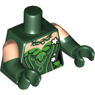 Lego Torso, Dual Molded Arms, Plant Foliage White Flowers Print, Light Nougat Sleeves Pattern, Dark Green Arms and Hands / Dark Green