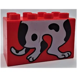 Duplo Brick 2 x 4 x 2 with White Dog, Black Spots, Bottom Half Print / Red