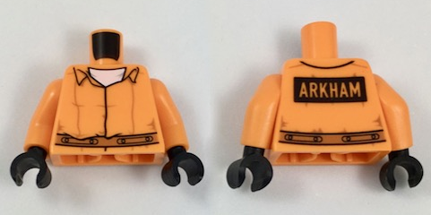 Lego Torso Prisoner Jumpsuit with Dark Orange Belt over White Shirt, 'ARKHAM' on Black Rectangle on Back Pattern / Orange Arms / Black Hands