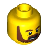 Minifig Head Frank the Foreman, Beard Brown, Bushy Eyebrows, Lines under Eyes, Open Mouth Print [Hollow Stud] / Yellow