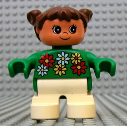 Duplo Figure, Early Child, with Pigtails Brown, White Legs, White, Red and Yellow Flowers / Green